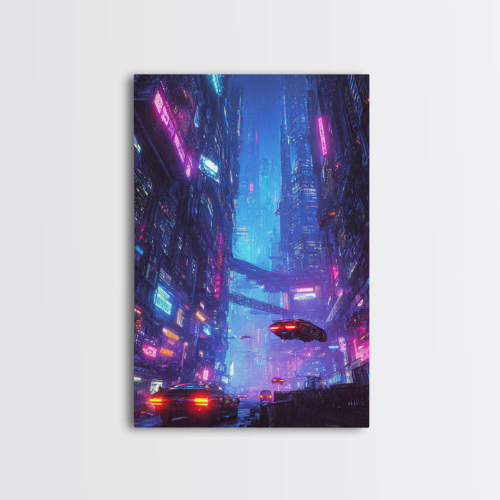 Cyberpunk Cityscape Night Scene Neon Lights Digital Wall Art Framed Canvas Print for Modern Home Decor