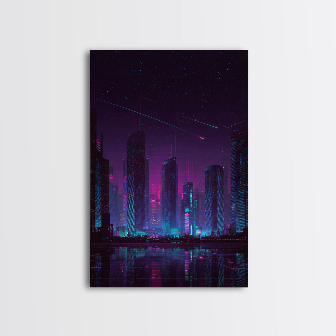 Cyberpunk Neon Cityscape Night Scene With Reflective Water And Shooting Stars Modern Wall Art For Office And Living Room Canvas Print