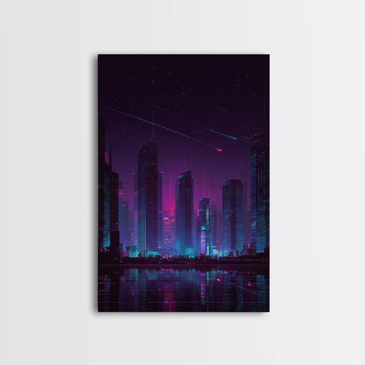 Cyberpunk Neon Cityscape Night Scene With Reflective Water And Shooting Stars Modern Wall Art For Office And Living Room Canvas Print