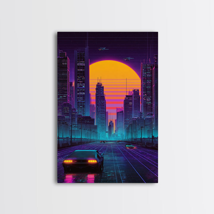 Futuristic Cityscape Digital Artwork With Neon Lights And Retro Sunset Beautiful Contemporary Wall Art Print For Office Decor