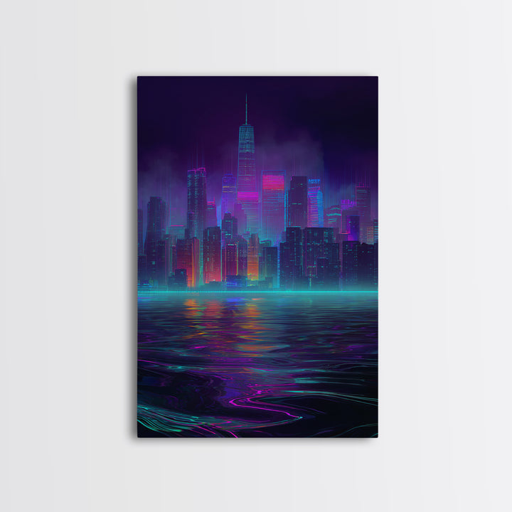 Neon Cyberpunk Cityscape With Reflections Futuristic Digital Wall Art Framed Canvas Print