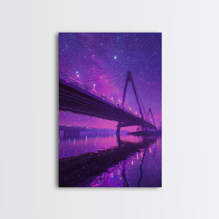 Digital 80s Style Neon Mountain Landscape With Purple Glowing River Wall Art Framed Canvas Print For Retro Modern Home Decor