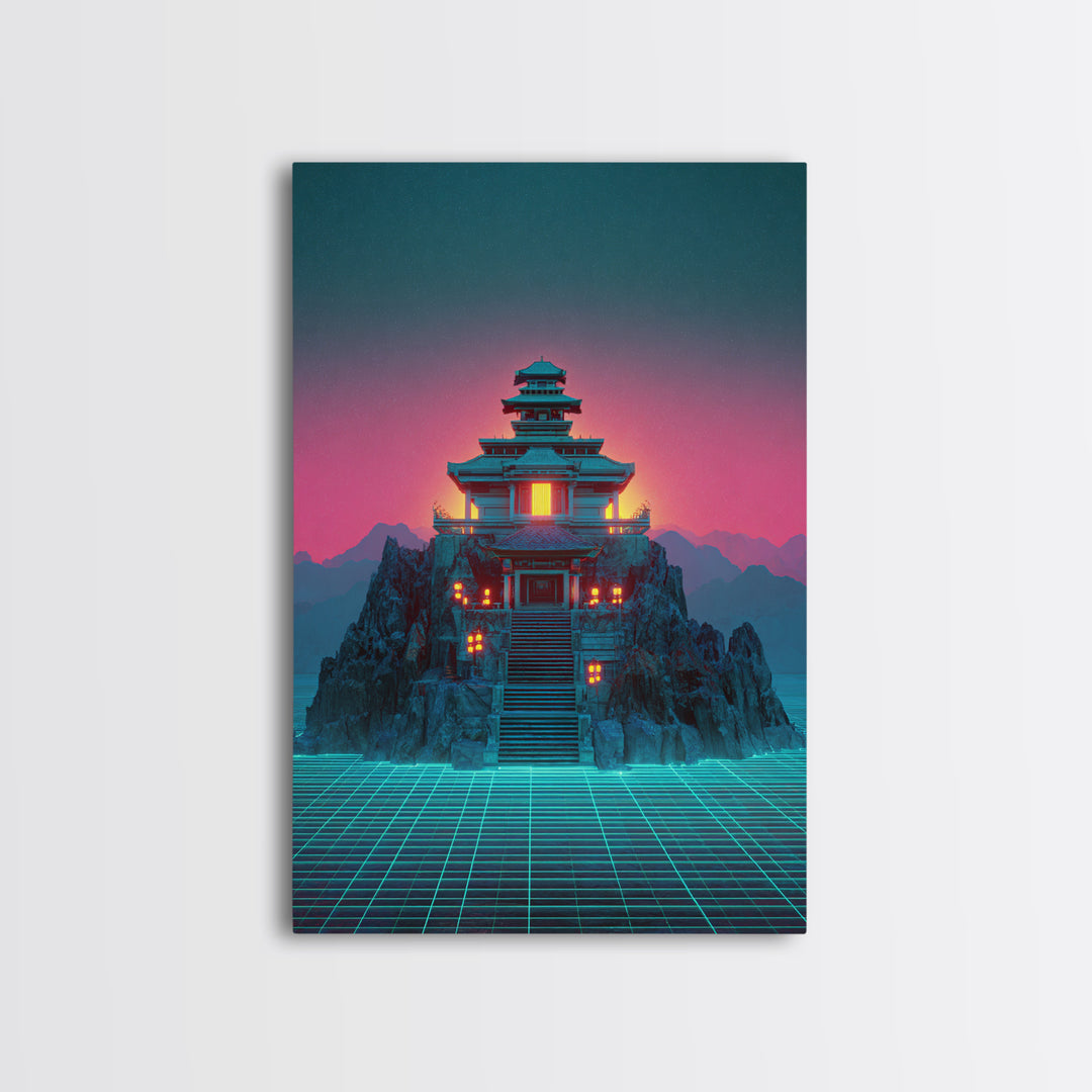 Futuristic Cyberpunk Japanese Temple Digital Artwork Wall Art Vibrant Canvas Print Perfect For Modern Home Decor