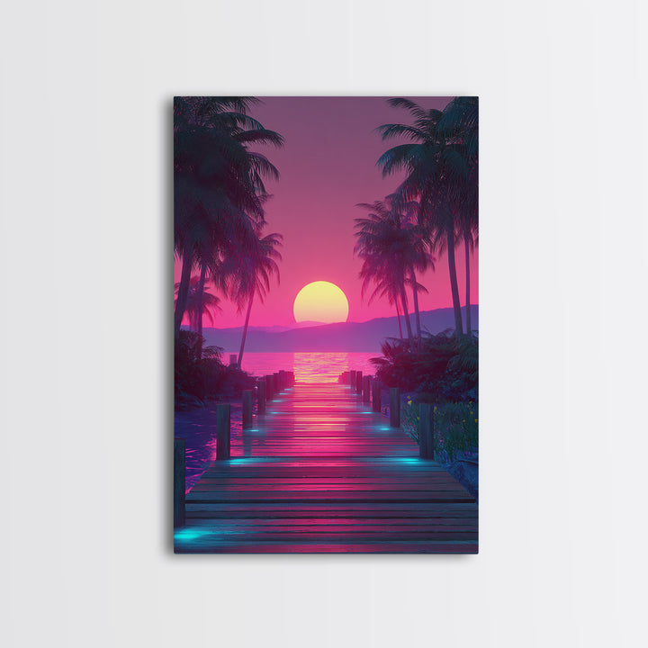 Retro Futuristic Neon Pink Sunset Over Waterfront Pier With Palm Trees Wall Art Framed Canvas Print For Vibrant Home Decor