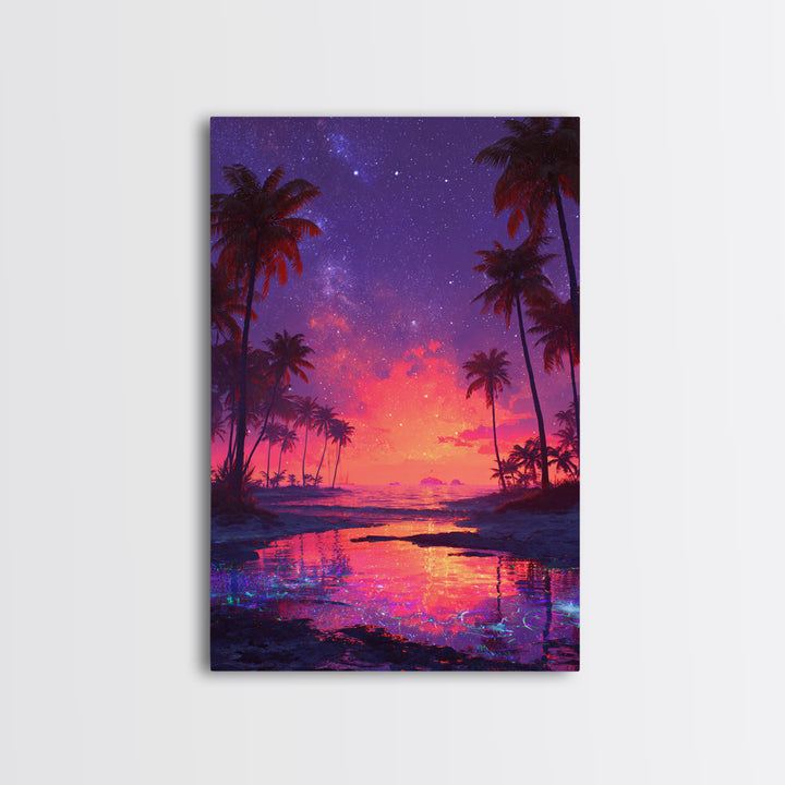 Vibrant Tropical Beach Sunset With Starry Sky Landscape Wall Art For Home Decor Framed Canvas Print