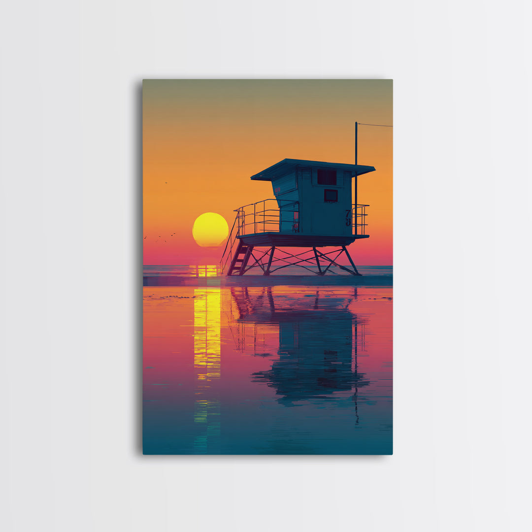 Sunset Beach Scene With Lifeguard Tower Reflecting On Water Modern Wall Art Digital Canvas Print