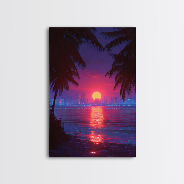 Retrowave Neon Sunset Cityscape Wall Art Canvas Print Modern Wall Art Miami Home Decor