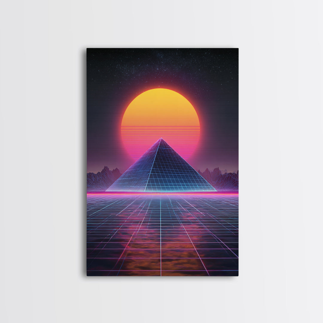 Retro Futuristic Neon Pyramid Digital Artwork Wall Art Framed Canvas Print For Sci Fi Bedroom Decor Modern Tech Art Gift