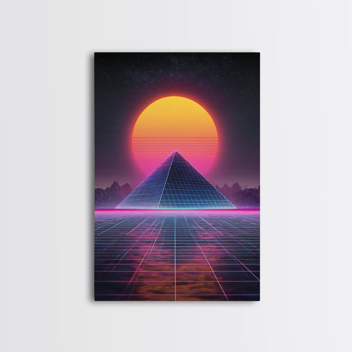 Retro Futuristic Neon Pyramid Digital Artwork Wall Art Framed Canvas Print For Sci Fi Bedroom Decor Modern Tech Art Gift