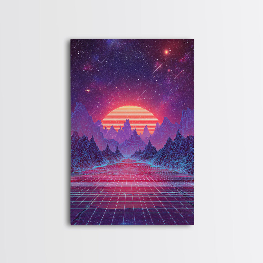 Surreal Futuristic Mountain Sunset Digital Canvas Print, Neon Grid Landscape Wall Art, Sci-Fi Inspired Modern Decor
