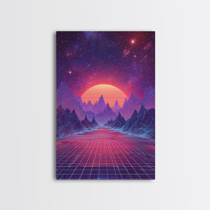 Surreal Futuristic Mountain Sunset Digital Canvas Print, Neon Grid Landscape Wall Art, Sci-Fi Inspired Modern Decor