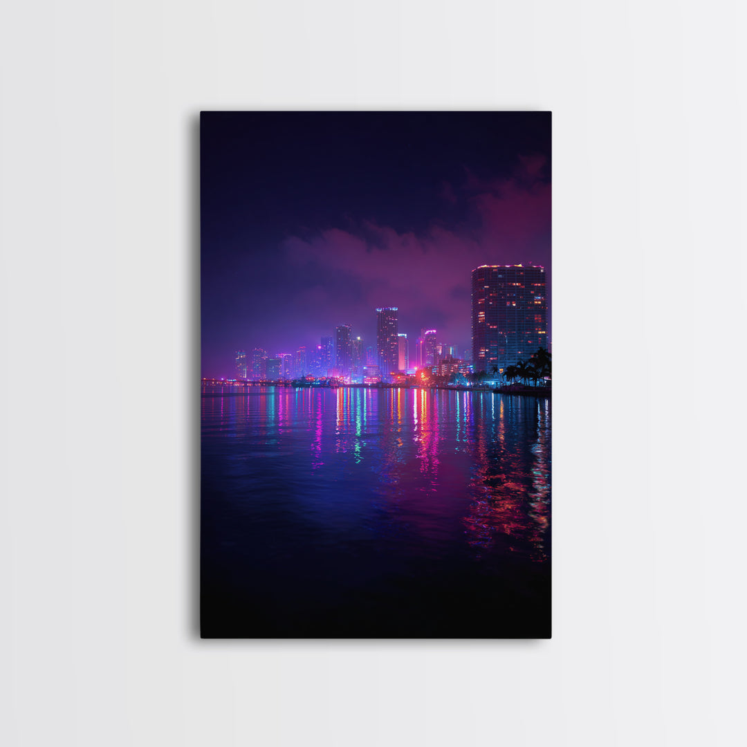 Miami City Lights Neon Reflection At Night Urban Wall Art Modern Canvas Print For Office Decor And Living Room