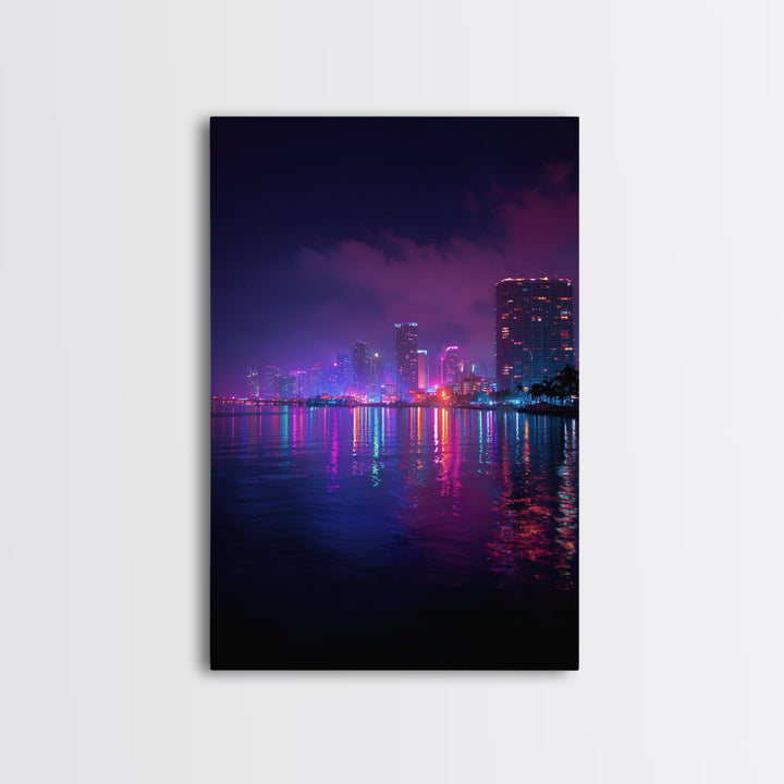 Miami City Lights Neon Reflection At Night Urban Wall Art Modern Canvas Print For Office Decor And Living Room