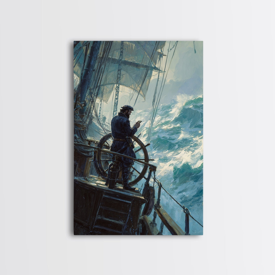 Stormy Sailor At Ship Wheel Large Canvas Print, Nautical Seascape Wall Art, Ocean Painting, Coastal Decor For Living Room