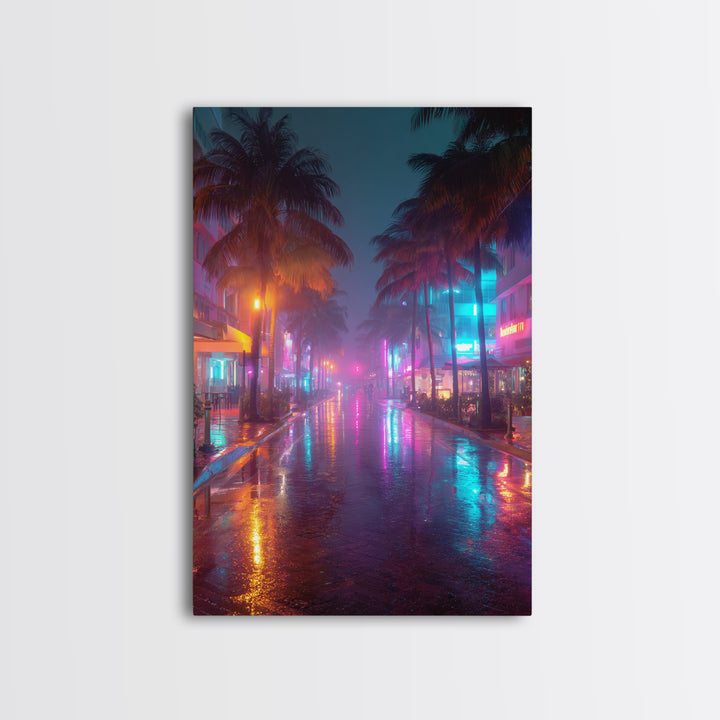 Wet Neon City Street At Night Rainfall Reflection Wall Art Modern Canvas Print For Bedroom And Living Room Decor