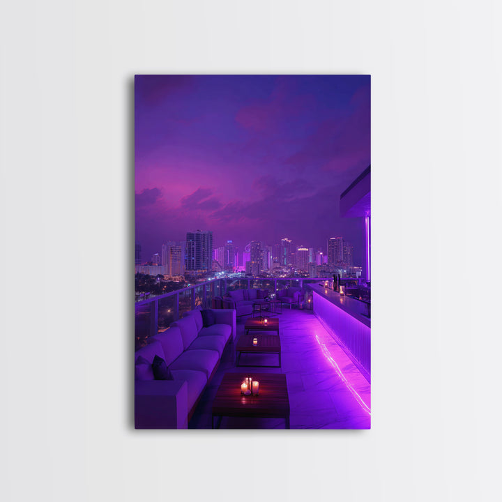 Modern City Nightscape With Vibrant Purple Neon Lights Wall Art Canvas Print Trendy Home Décor For Living Room