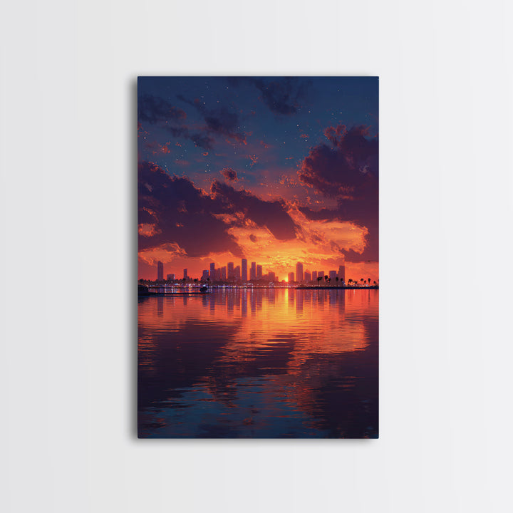 Stunning City Skyline Sunset Landscape Reflection Wall Art Canvas Print For Modern Home Decor