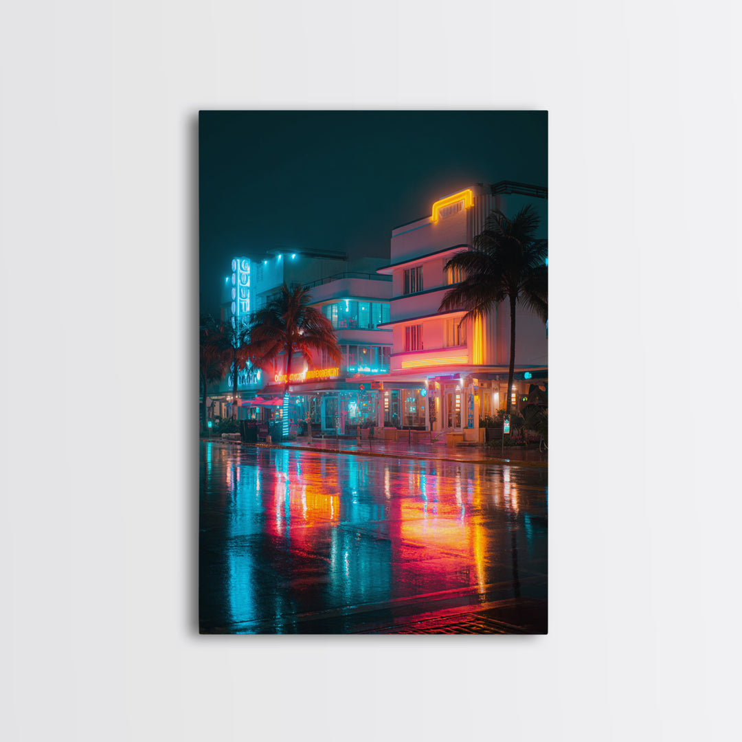 Neon City Night Scene With Palm Trees And Vibrant Lights Ultra Modern Wall Art Framed Canvas Print For Urban Home Decor