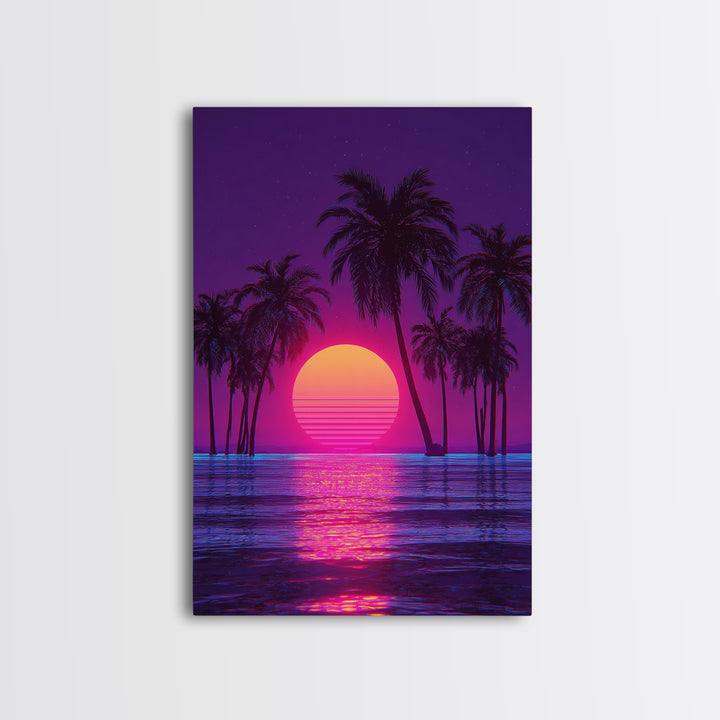 Vivid Neon Sunset With Palm Trees And Reflective Waterfall Retro Futuristic Landscape Wall Art Canvas Print