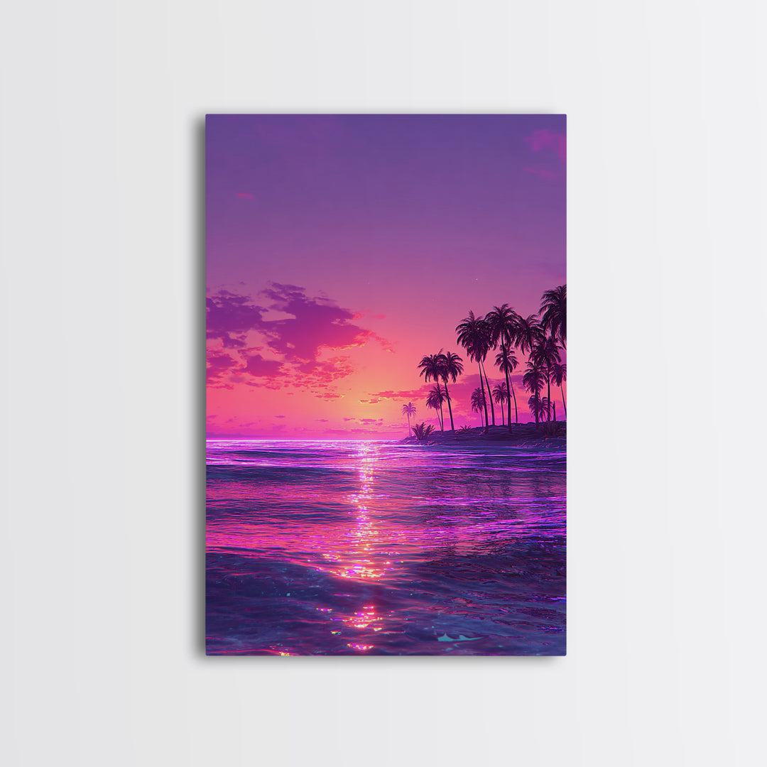 Vibrant Neon Pink And Purple Tropical Sunset With Palm Trees Coastal Wall Art Canvas Print For Modern Beach Decor