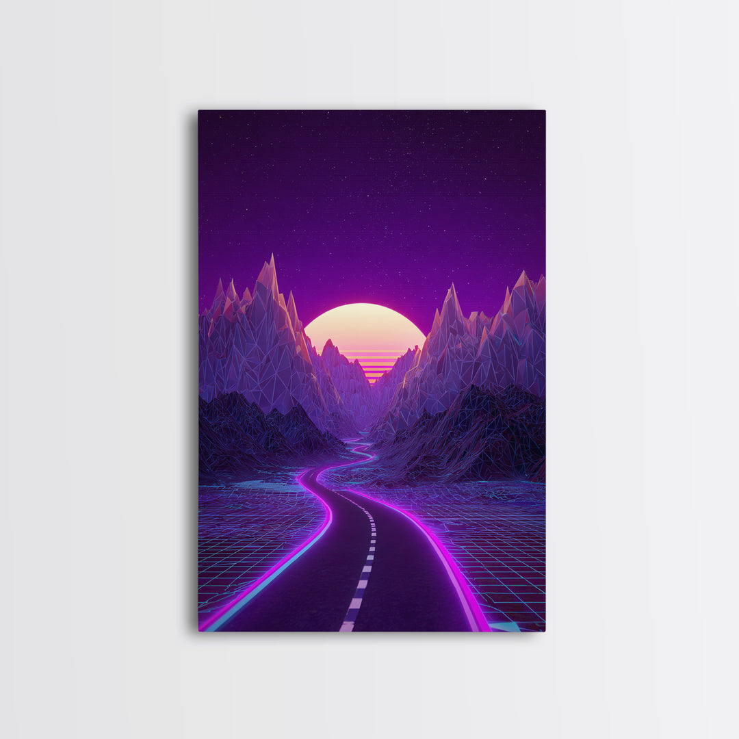 Cyberpunk Cityscape At Night With Purple Neon Lights Reflecting On Water Modern Wall Art Framed Canvas Print For Trendy Decor