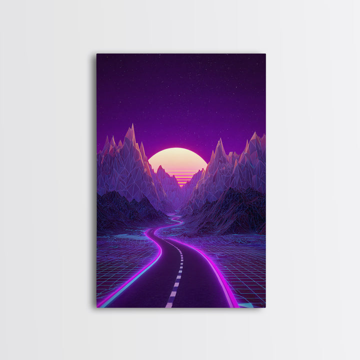 Cyberpunk Cityscape At Night With Purple Neon Lights Reflecting On Water Modern Wall Art Framed Canvas Print For Trendy Decor