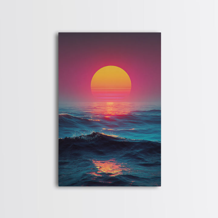 Vibrant Sunset Over Ocean With Pink And Yellow Sun Reflection Canvas Print For Modern Coastal Wall Art Decor