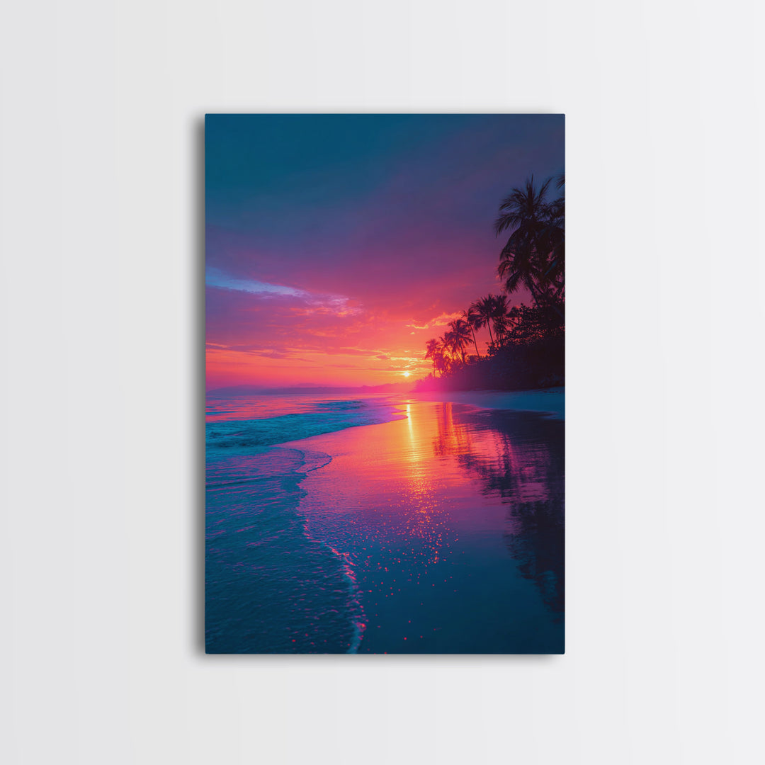 Colorful Tropical Beach Sunset With Palm Trees Vibrant Landscape Wall Art Modern Framed Canvas Print Coastal Home Decor
