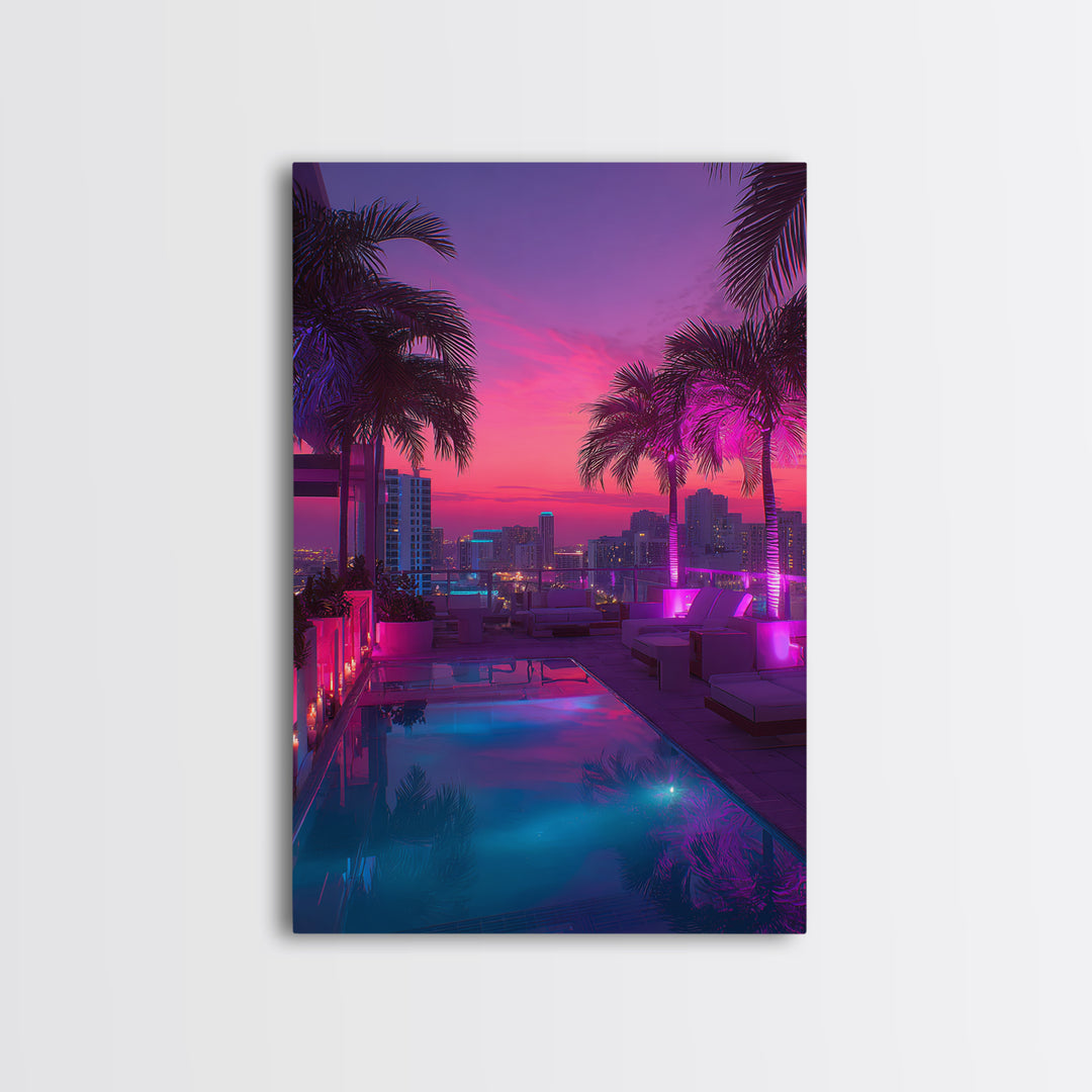 Modern Rooftop Pool Sunset Miami Cityscape Night View Wall Art Canvas Print For Office Living Room Decor