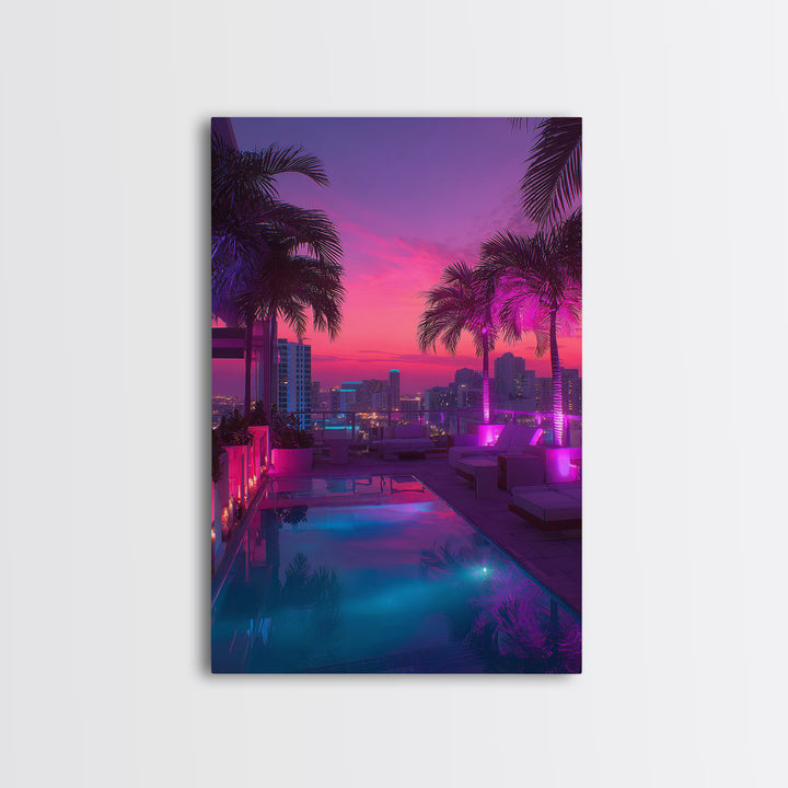 Modern Rooftop Pool Sunset Miami Cityscape Night View Wall Art Canvas Print For Office Living Room Decor