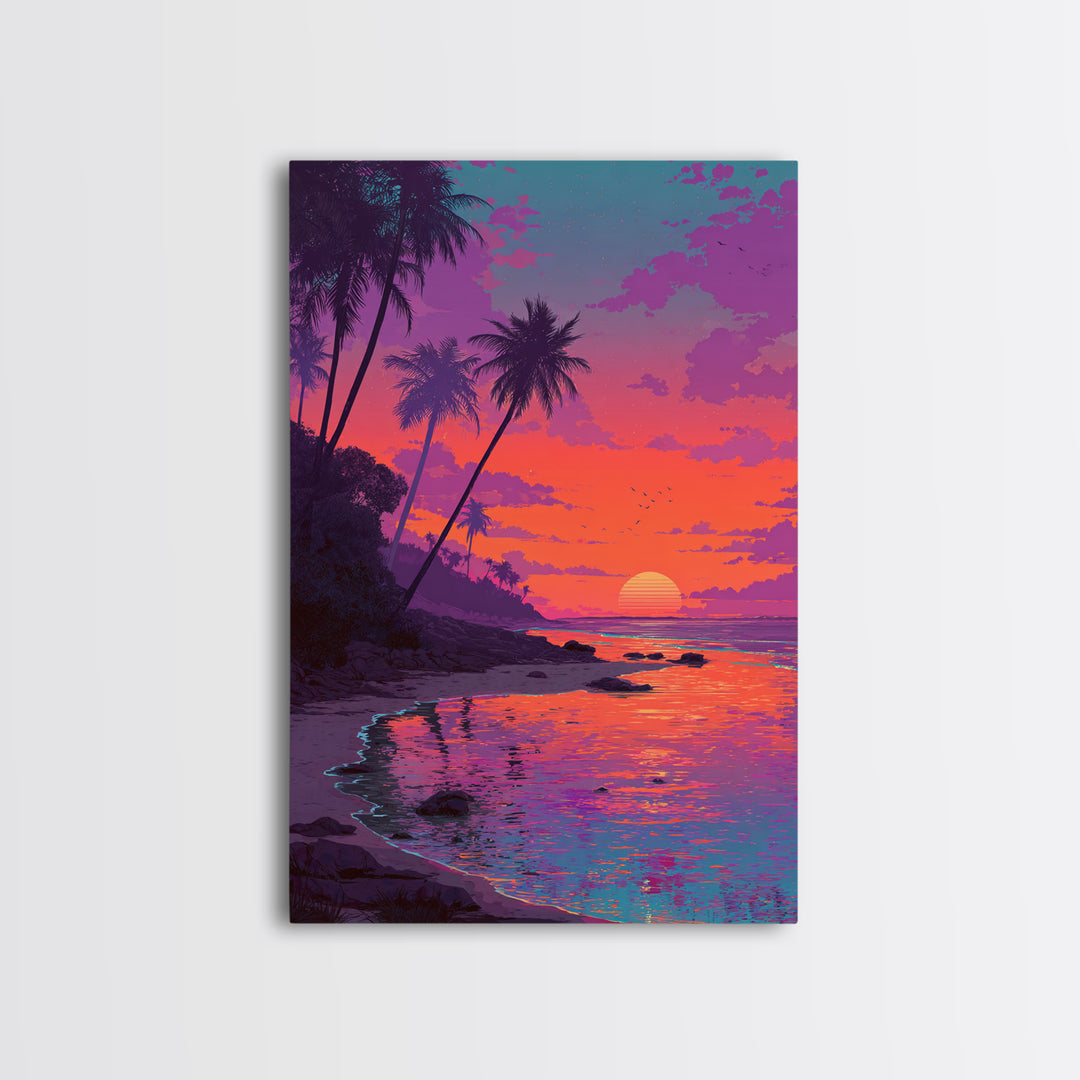 Colorful Tropical Sunset Beach With Palm Trees Reflecting In Water Vibrant Wall Art Canvas Print