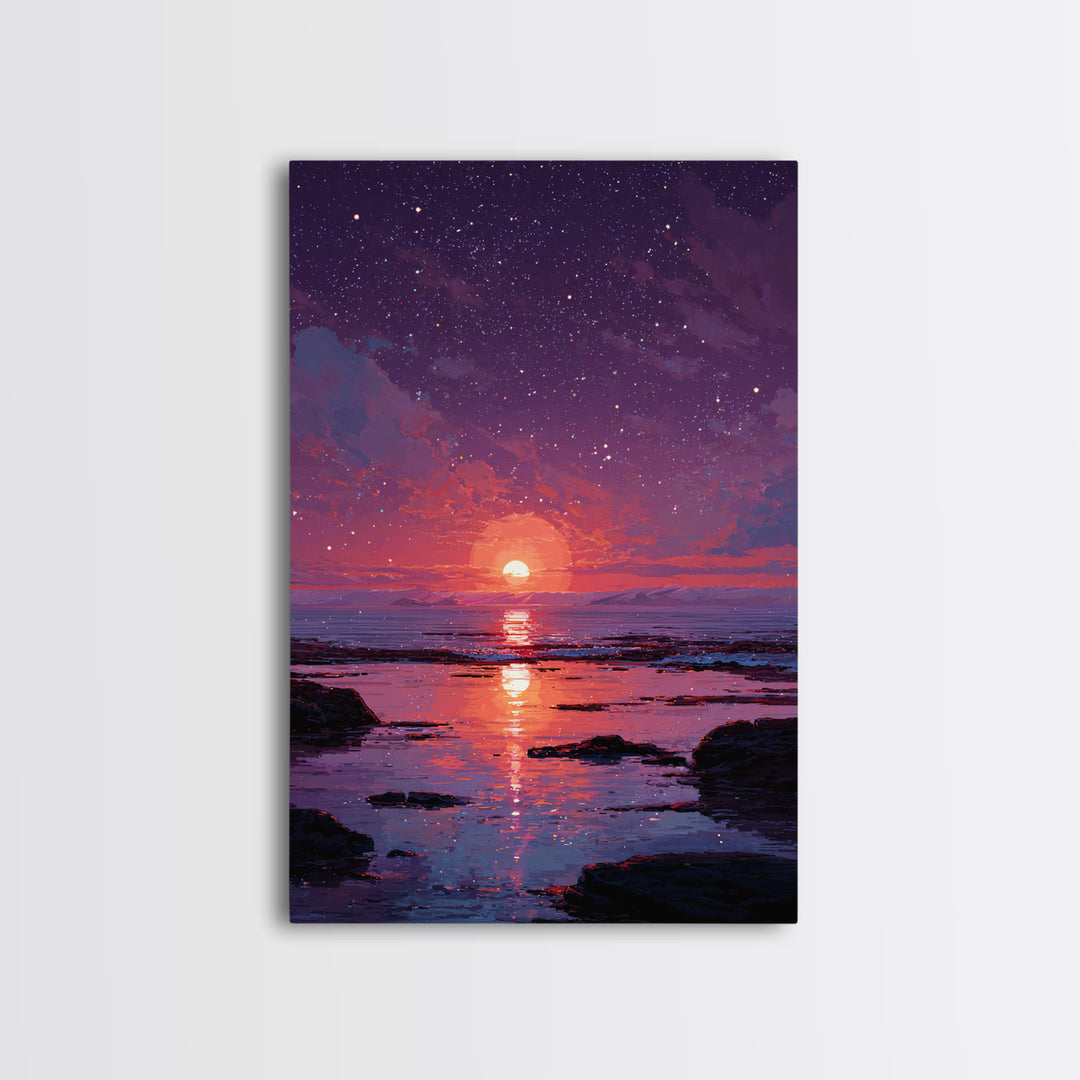 Stunning Starry Night Ocean Sunset Digital Painting Colorful Wall Art Canvas Print Modern Coastal Decor