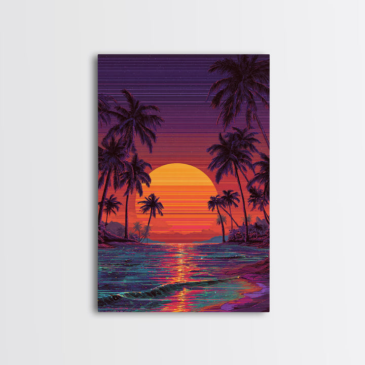 Vibrant Retro Sunset Beach Scene Canvas Print Featuring Palm Trees And Ocean Waves Colorful Coastal Wall Art Home Decor