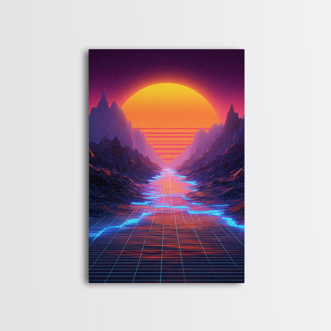 Retro Synthwave Landscape With Neon Grid Road And Large Sun Wall Art Canvas Print For Modern Living Room Decor