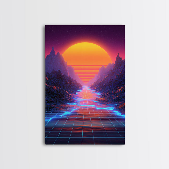 Retro Synthwave Landscape With Neon Grid Road And Large Sun Wall Art Canvas Print For Modern Living Room Decor