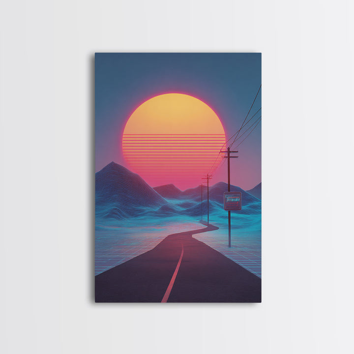 Synthwave Landscape With Electric Colors Neon Sun And Grid Mountains Digital Wall Art Canvas Print