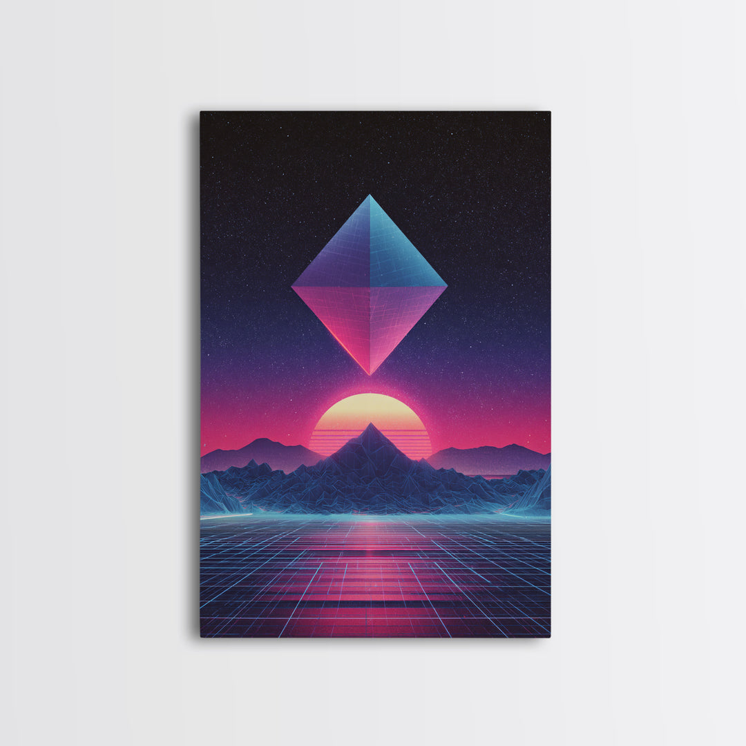 Futuristic Neon Pyramid Sunset Scene Wall Art Featuring Geometric Mountains With A Vibrant Canvas Print