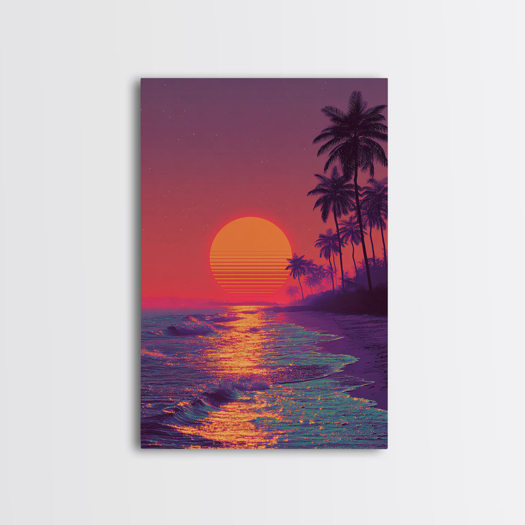 Vibrant Neon Sunset Over Tropical Beach With Palm Trees Wall Art For Modern Home Decor And Living Room Canvas Print