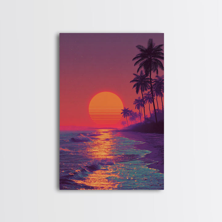 Vibrant Neon Sunset Over Tropical Beach With Palm Trees Wall Art For Modern Home Decor And Living Room Canvas Print