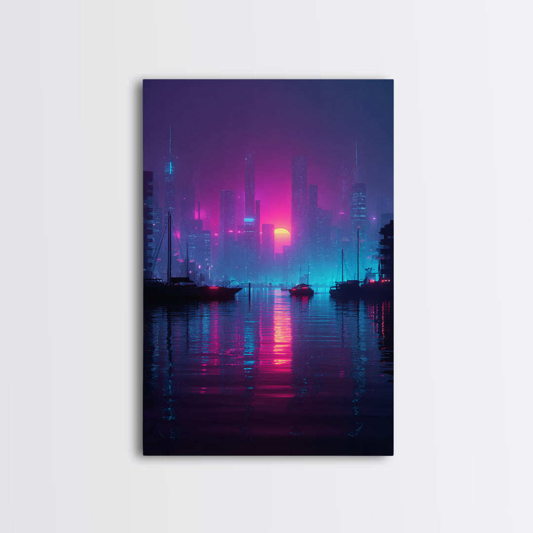 Futuristic Neon Cityscape With Sun Setting Over Harbor Framed Canvas Print For Cyberpunk Wall Art And Modern Home Decor
