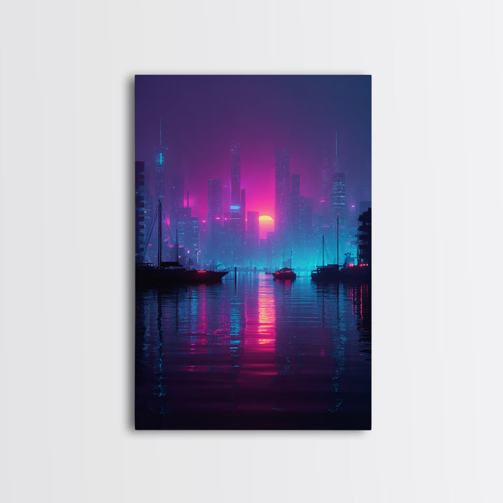 Futuristic Neon Cityscape With Sun Setting Over Harbor Framed Canvas Print For Cyberpunk Wall Art And Modern Home Decor
