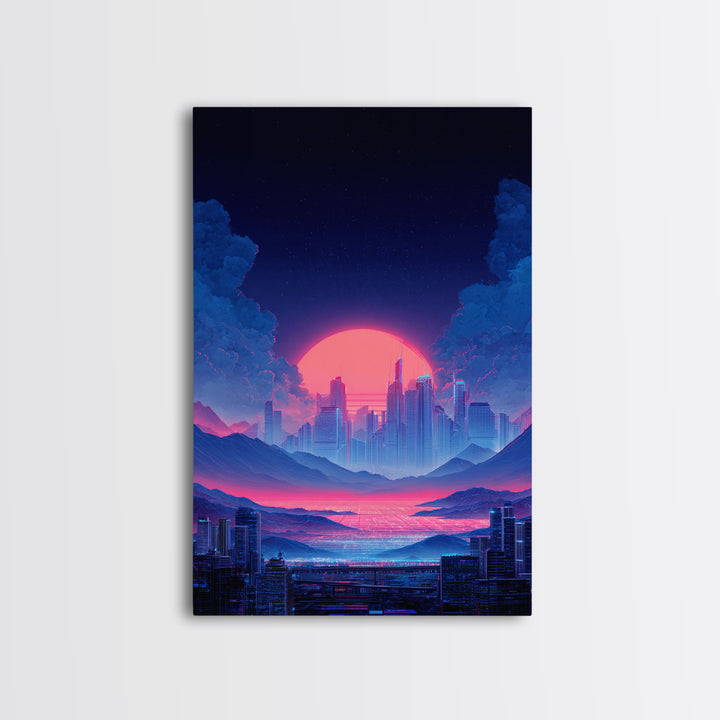 Futuristic Vibrant Neon Cityscape Digital Artwork Cyberpunk Sunset Modern Wall Art Large Framed Canvas Print