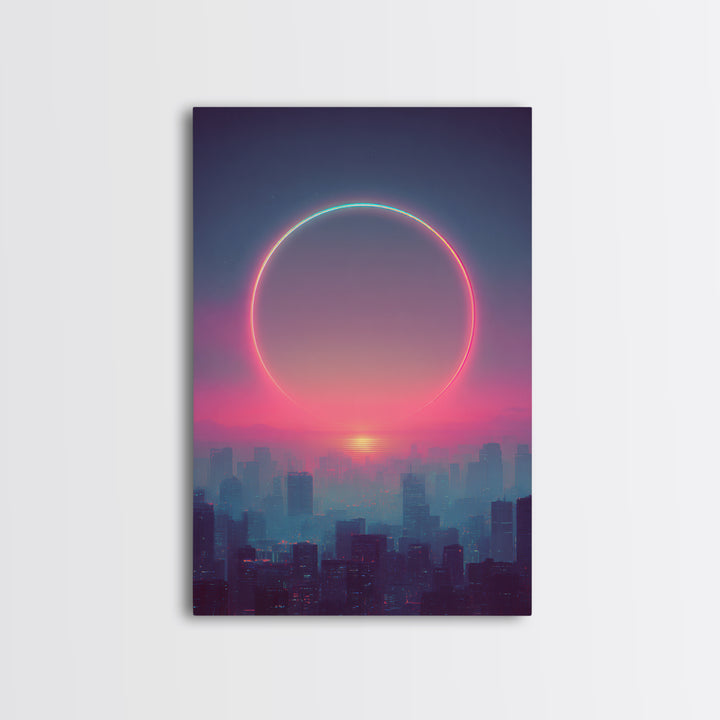 Mystical City Sunset With Crescent Neon Ring Over Buildings Framed Canvas Print For Futuristic Wall Art And Modern Decor