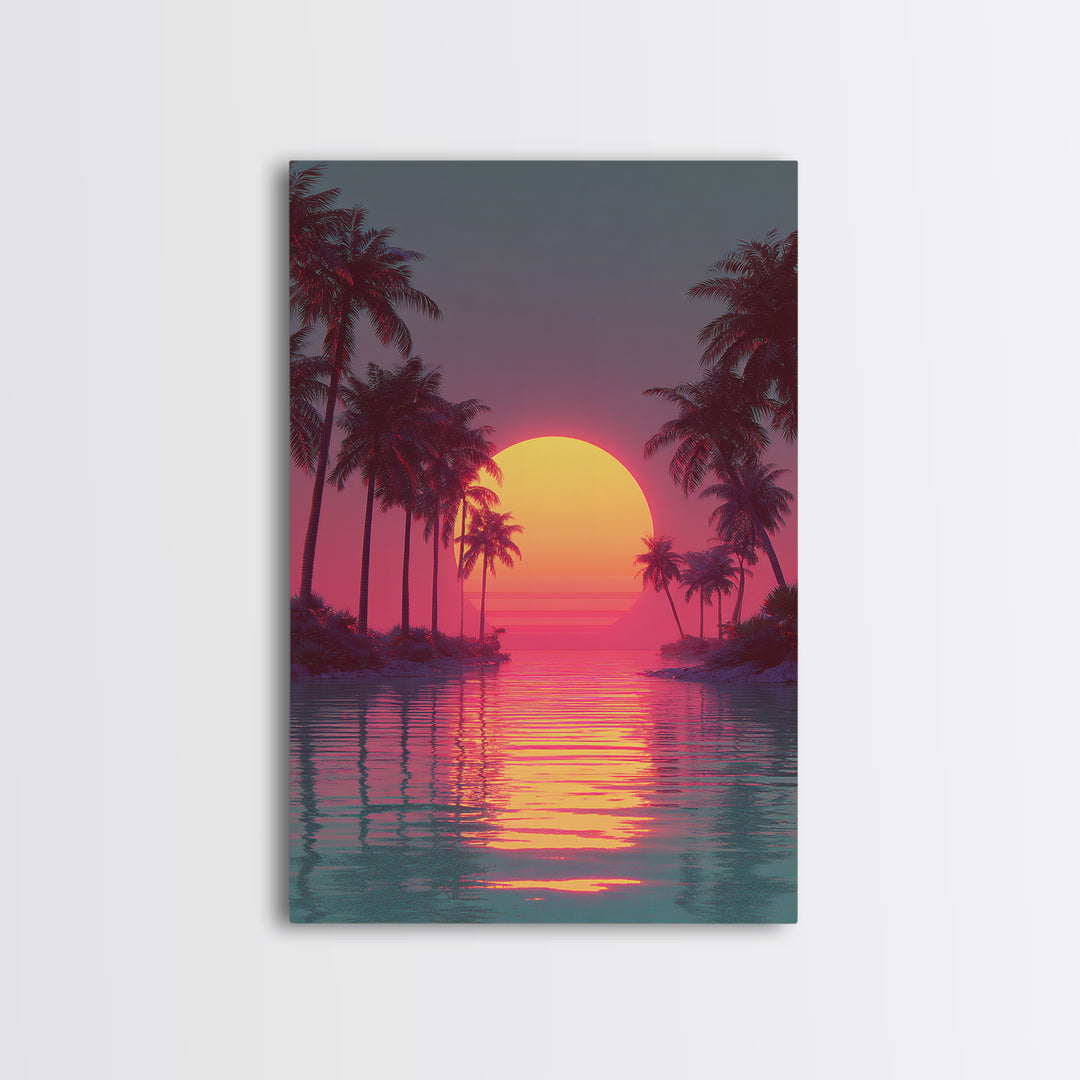 Retro Futuristic Vibrant Palm Trees Sunset With Neon Pink Sky Canvas Print Tropical Wall Art Coastal Decor Modern Wall Art