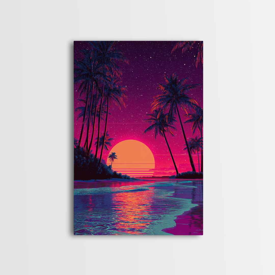 Retro Tropical Sunset With Palm Trees And Starry Sky Wall Art Canvas Print For Boho And Coastal Bedroom Decor
