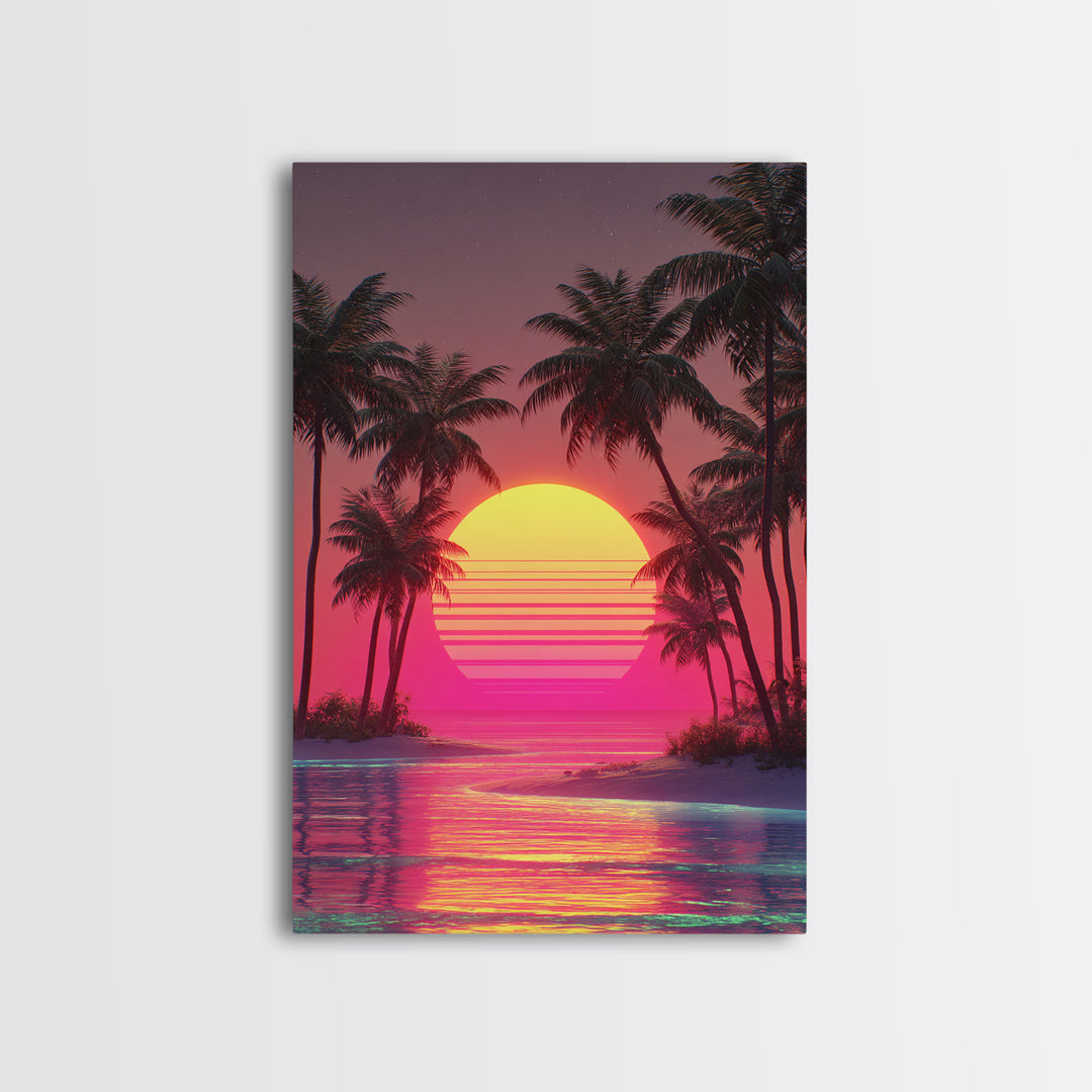 Dreamy Pink Sunset Tropical Island Palm Trees Calm Water Canvas Print Wall Art For Coastal Home Decor