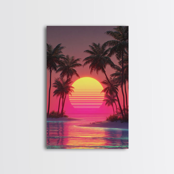 Dreamy Pink Sunset Tropical Island Palm Trees Calm Water Canvas Print Wall Art For Coastal Home Decor