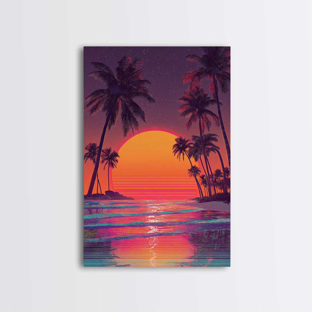 Vibrant Retro Sunset With Palm Trees Beach Scene Wall Art Canvas Print For Modern Home Decor And Coastal Wall Decor