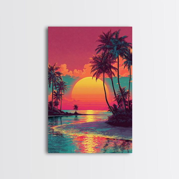Vibrant Sunset Tropical Landscape With Palm Trees And Ocean View - Framed Canvas Print Coastal Wall Art For Home Decor