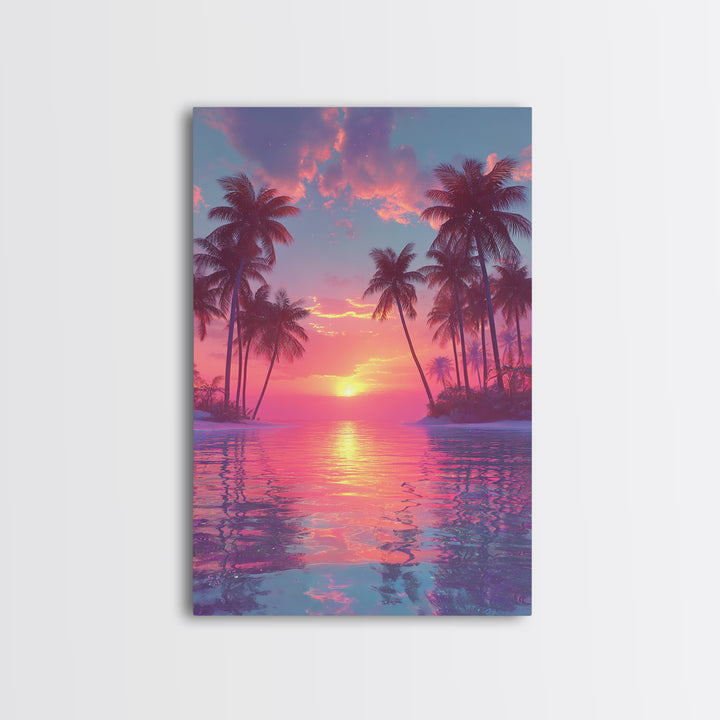 Tropical Sunset Palm Trees Over Water Vibrant Pink And Orange Sky Canvas Print For Modern Wall Art And Home Decor